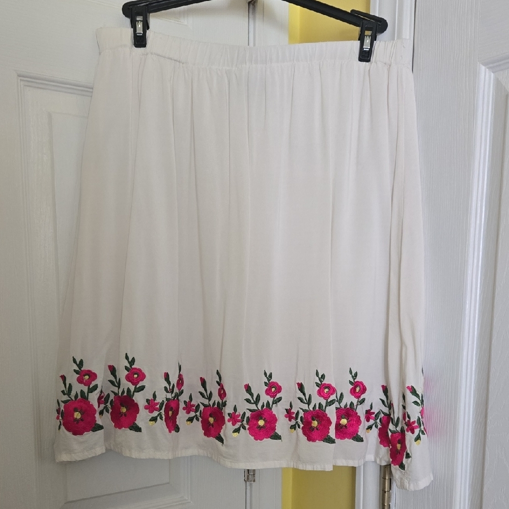 Women's White A-Line Skirt with Pink Floral Embroidery